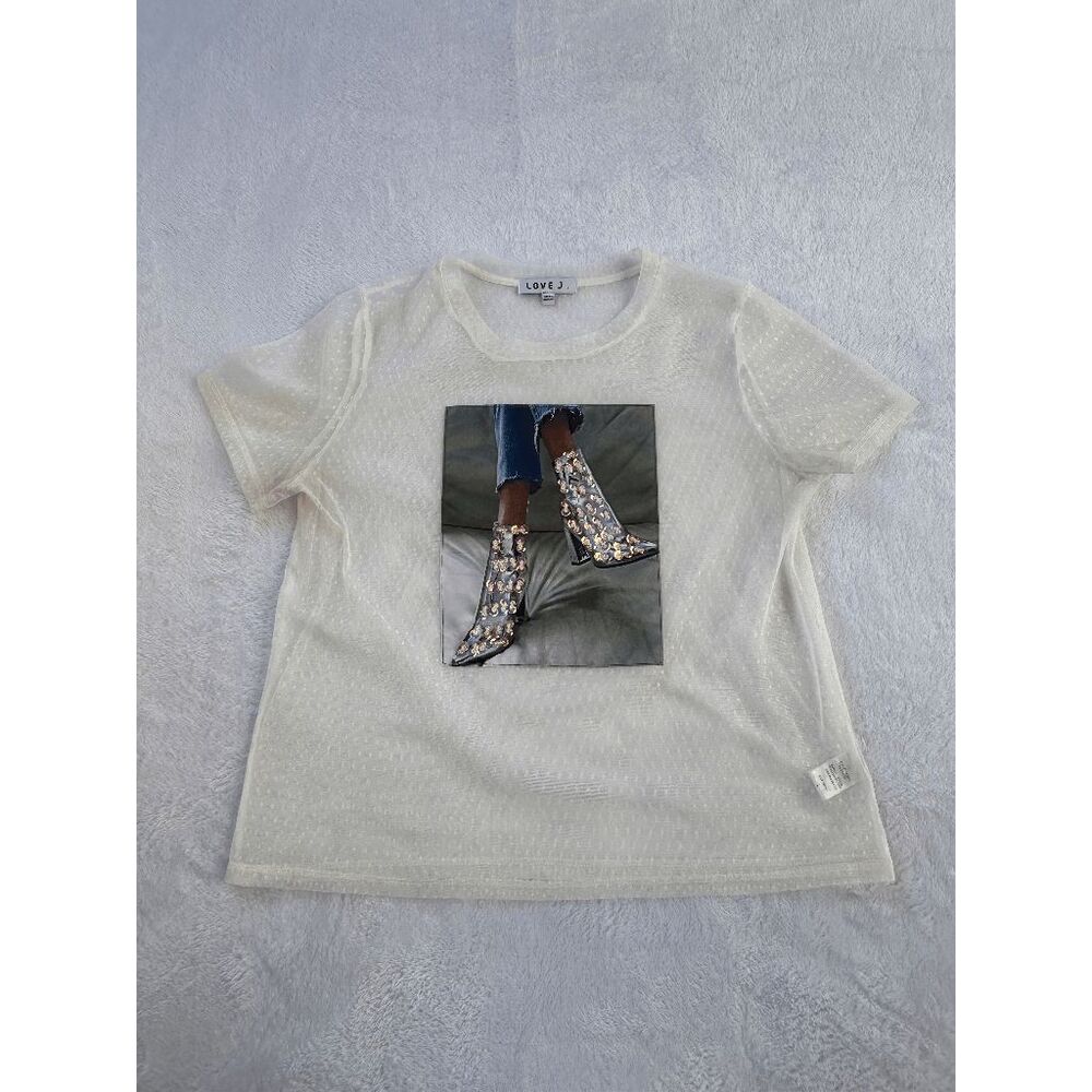 Sheer Cream Colored Graphic Shirt Size L, Sequined Boots, Edgy, Retro, Delicate